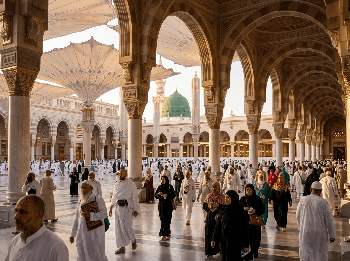Pilgrims walking through a golden mosque archway